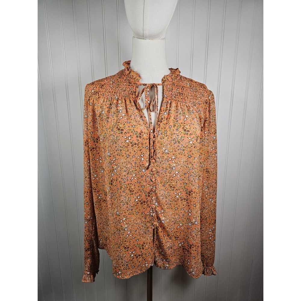 Free People Lela Smocked Ruffle Floral Blouse M Coral Boho‎ Hippie Lightweight